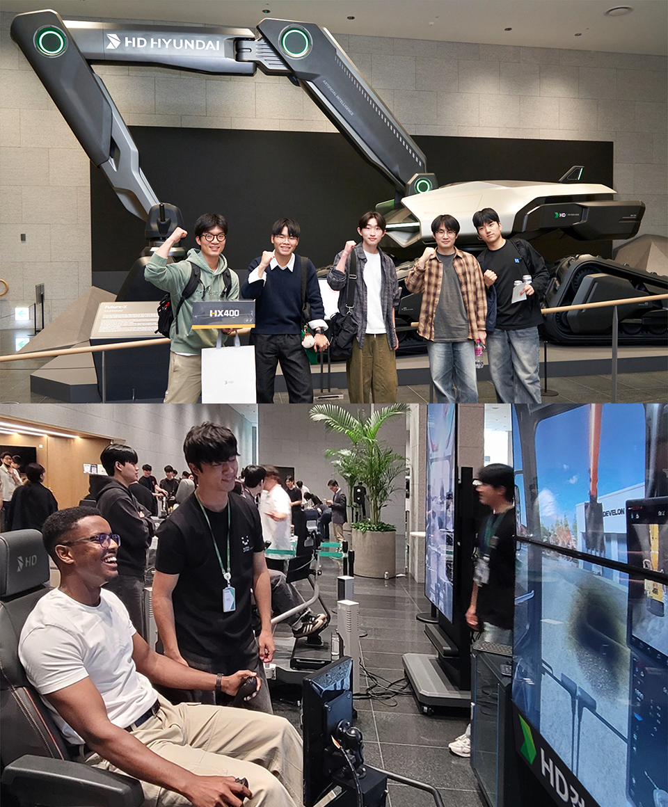 [상] HD건설기계가 7일(목) 판교 GRC에서 개최한 ‘제1회 HD 퓨처 건설기계 챌린지’ 오리엔테이션에서 한 대학생이 굴착 시뮬레이터를 체험하고 있다.  [하] HD건설기계가 7일(목) 판교 HD현대 글로벌R&D센터(GRC)에서 ‘제1회 HD 퓨처 건설기계 챌린지’ 오리엔테이션을 개최한 가운데, 행사에 참석한 대학생들이 미래형 굴착기 앞에서 기념촬영을 하고 있다.