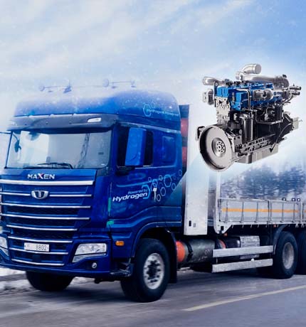 Large truck equipped with HD Hyundai Infracore's hydrogen engine (HX12)